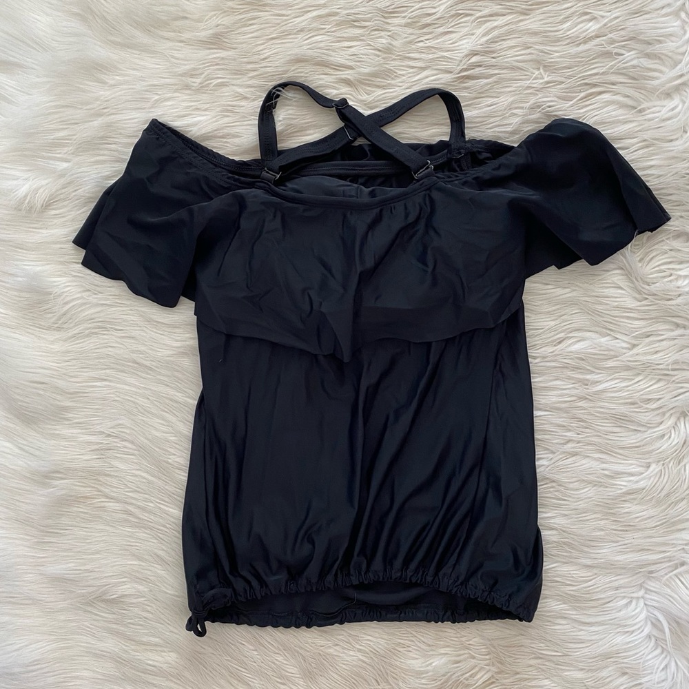 Mermaid Maternity Black Ruffle Cold Shoulder Drawstring Hem Tankini Swimsuit Top - Picture 7 of 11